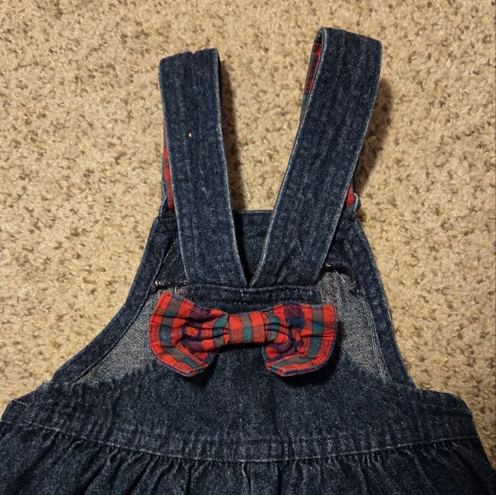 Vintage‎ Oshkosh B'gosh Denim Overalls Red Plaid Apple Print Bow USA Girls 3T